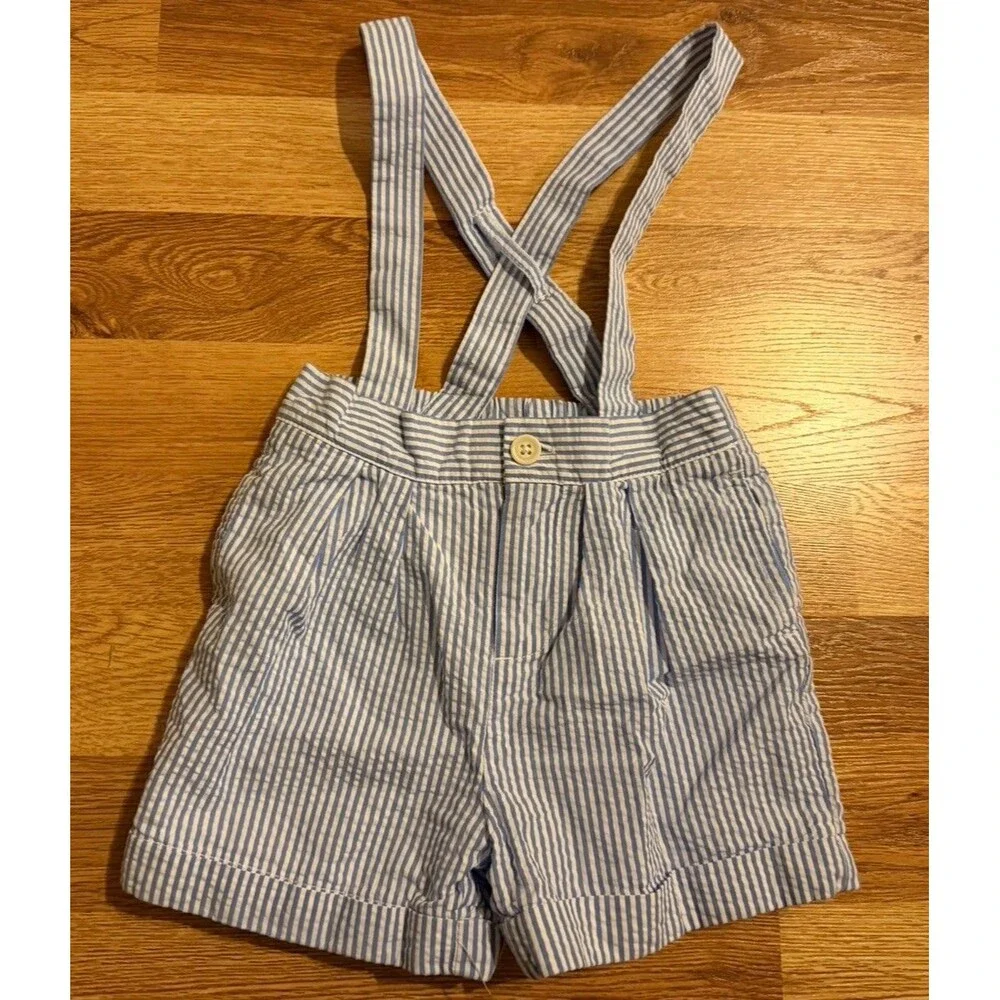 Ralph Lauren Baby Seersucker Shorts 9M‎ Blue White Striped Suspender